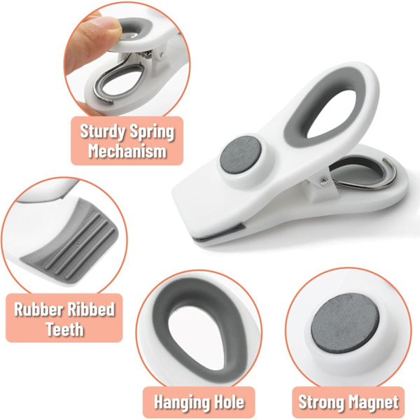 Magnetiske Chip Clips, 6 stk., Hvide Chip Clips, Poseclips, Madclips, Poseclips til Mad, Chip Poseclip, Chip Clips Magnetiske, Chip Poseclips