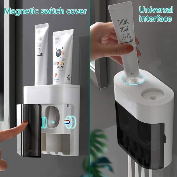 Automatisk tandpastadispenser med integreret tandbørsteholder. Borefri installation, moderne badeværelsesdesign.