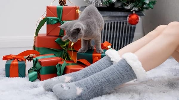 Sokker med skridsikre dutter til kvinder, kattegaver til juleelskere