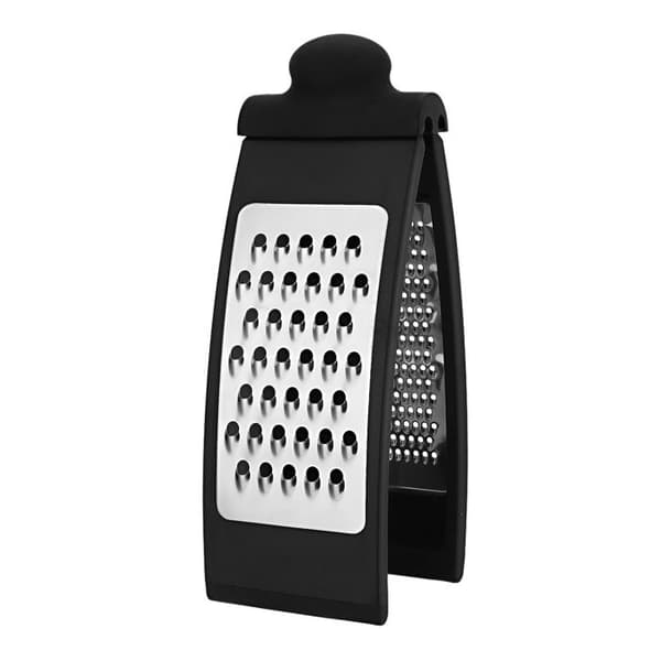 Multifunksjonell rivjern, laget av rustfritt stål og ABS, med dobbeltsidig riving, vertikal buet form og elegant design.