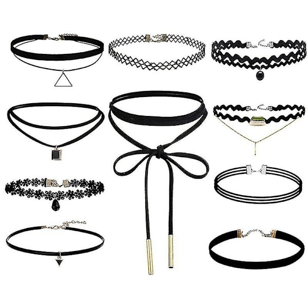 10 stk choker halskjede svart klassisk fløyel stretch gotisk tatovering halskjede
