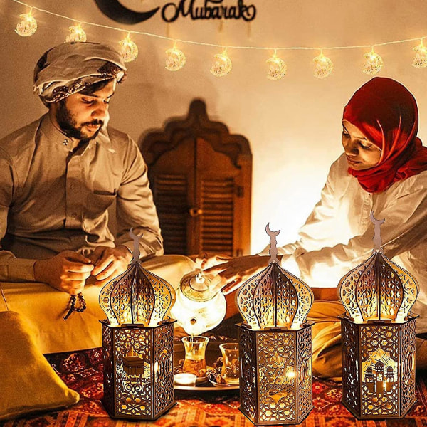 3 stk. DIY Ramadan trelamper dekorasjoner, Mubarak Ramadan LED-lampe for Ramadan-dekorasjoner