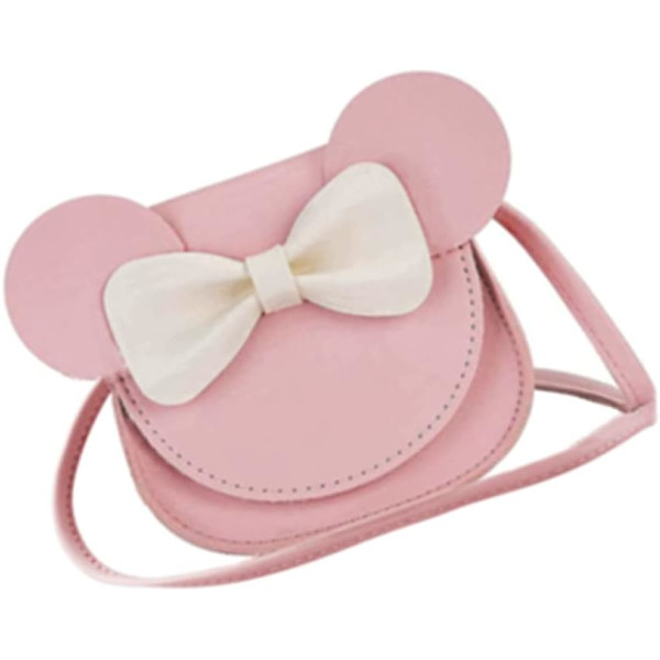 Lille pige skuldertaske med sløjfe, klap mini håndtaske, søde museører, crossbody PU-taske, egnet til 2-10 år (lyserød)