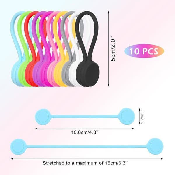 Pakke med 10 magnetiske kabelbindere, lavet af silikone, farvede, 11 cm, multifunktionelle.