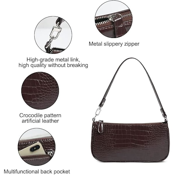 Läder axelväska för kvinnor, Mini handväska med krokodil liten crossbody väska Klassisk för kvinnor 90-talets miniväskor med kedja Brown