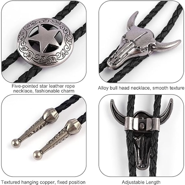 2 st Fashion Bolo Ties Läder Slips Nackband Ko Skalle, Ranger Star Svart Slips Nackband Western Cowboy Vintage Bolo slips Retro Slips
