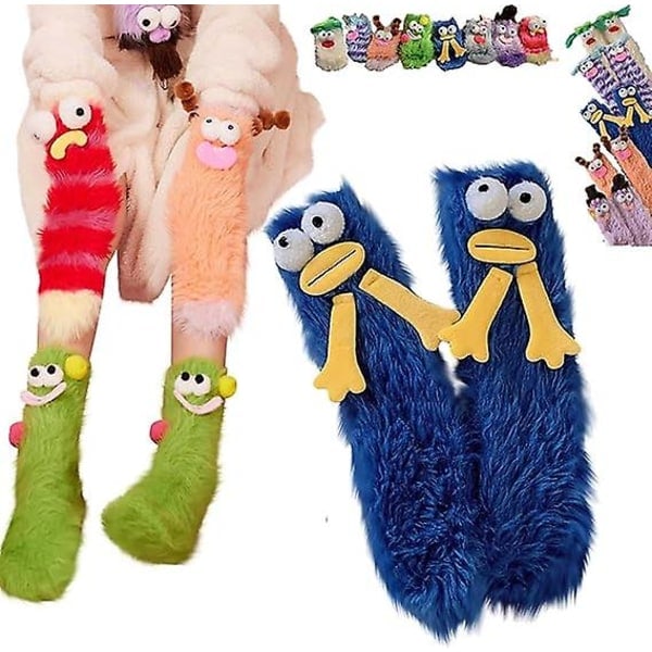 Lämpimät ja pehmeät piirrettyjen hirviöiden sukat, koralliveluuriset kolmiulotteiset omituiset sukat, plushiset hirviösukat joulu sukat 1 pair Blue