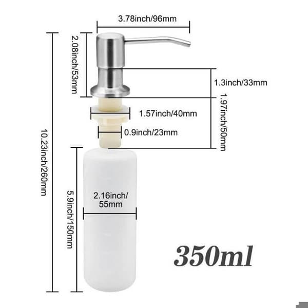 Integreret sæbedispenser - Rustfrit stål - 350 ml - 360° roterende pumpe - Drejelig tud - Nem installation