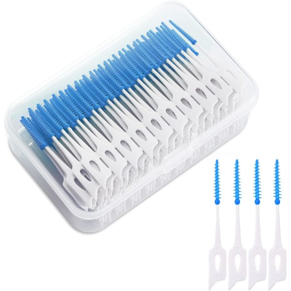 200 stycken mellanrumsborstar, tandtrådspinnar med dubbla användningsområden, tandvårdspennar i silikon, tandborste för dubbla användningsområden, tandrengöring i munnen (blå)