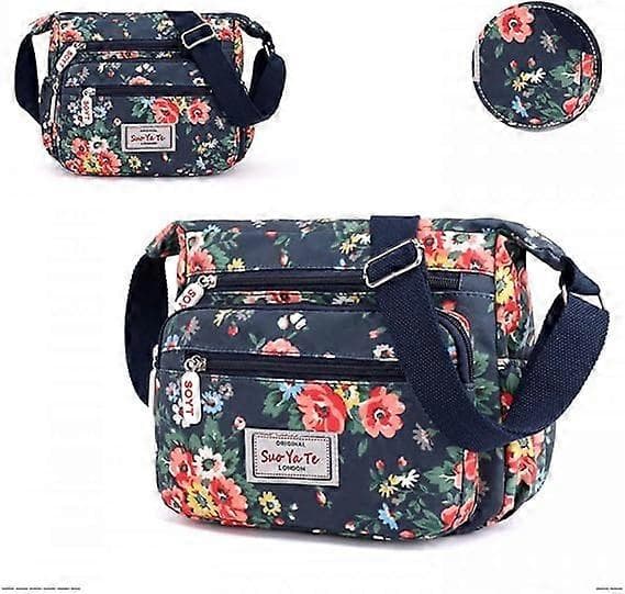 Dam Multi-Pocket Casual Crossbody Handväskor Vattentäta Axelväskor i Nylon (Blommig-blå)