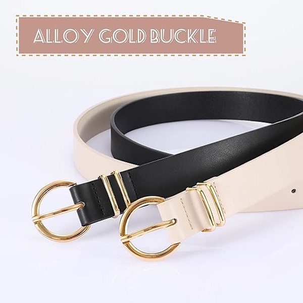Dame Læder Bælter til Jeans Kjoler Mode Guld Spænde Dame Talje Bælte, 2 Pakke(sort+beige)