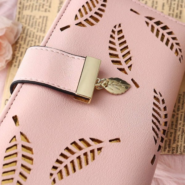 Rosa skinnlang lommebok, søt damelang lommebok lommebok dame mote lang lommebok dame lommebok clutch etui blad anheng mynt glidelås lang lommebok