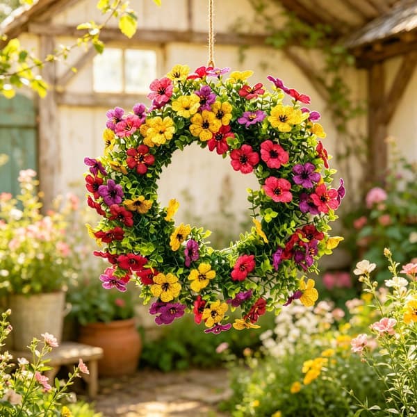 Kunstig blomsterkrans, velegnet til udendørs og indendørs brug, UV-bestandige planter
