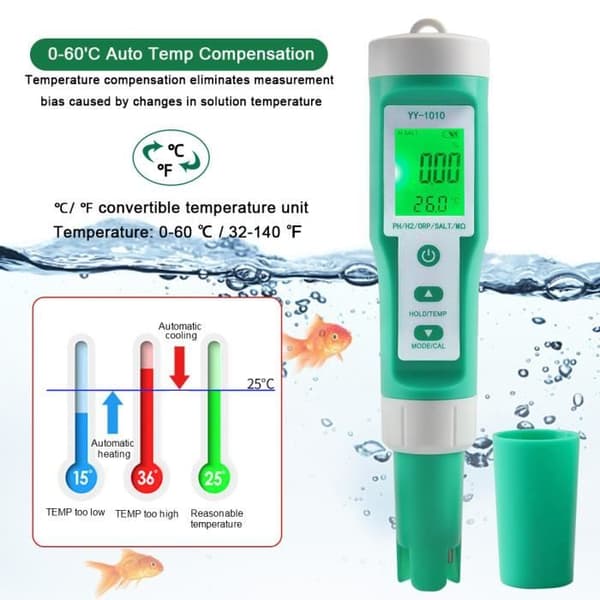 Vattenkvalitetspenna - 10 i 1 - Hög precision - Temperaturmätning - HD-skärm - pH/EC/TDS/ORP/H2 - För dricksvatten, simbassänger