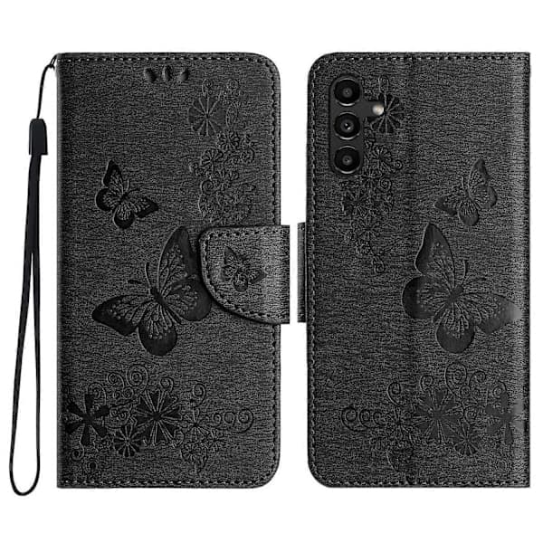Etui til Samsung Galaxy A16 5G Sommerfugle Blomst Læder Wallet Flip Telefon Etui - Sort