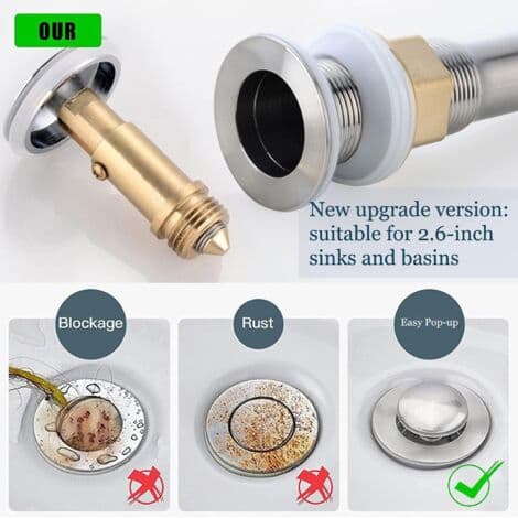 66 mm pop-up click-clack avlopp – Solid förkromad mässing – Tvättmedelsresistent – Snabb dränering – Kompatibel med standardhandfat