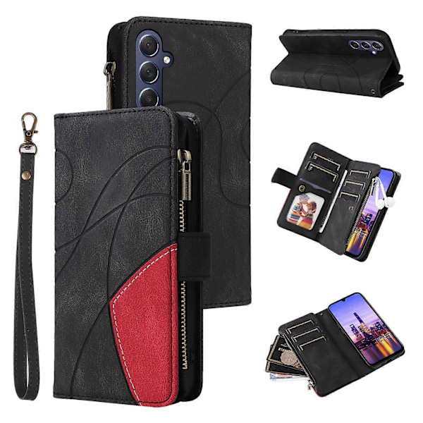 Multifunksjonelt etui til Samsung Galaxy A16, etui med glidelåslomme, lommebok, skinndeksel med stativ Black