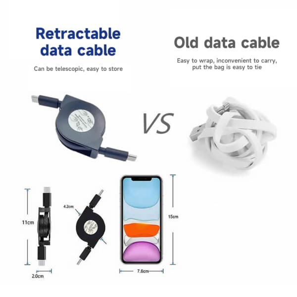 PD 60W USB C Retractable Data Cable, för Macbook Snabbladdningskabel för Typ C Mobiltelefon Switch
