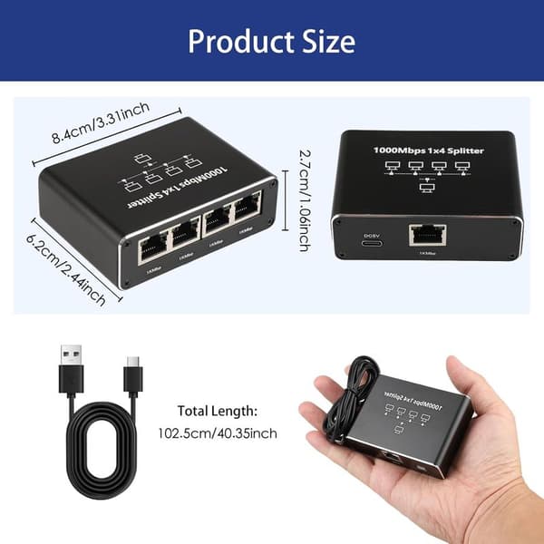 1 til 4 Ethernet-switch, 4-ports RJ45 Ethernet-hub 1000 Mbps, RJ45 netværkssplitter til computer, switch, router, digital TV-boks