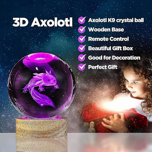 3D Axolotl-kula, 3,15 tum K9-kula lampa med 16 färger, bas och fjärrkontroll Axolotl för barn