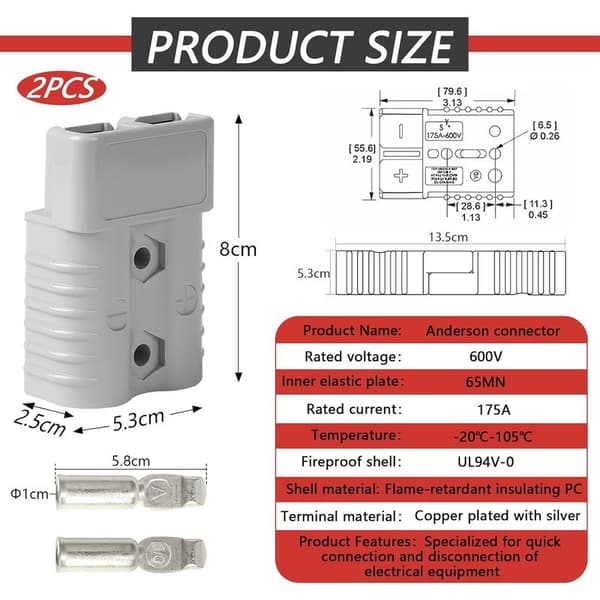 2 st. Anderson 175A 600V-kontakt, snabbkoppling för batteri, högströmskontakt för bilar, husvagnar, båtar, solsystem, grå