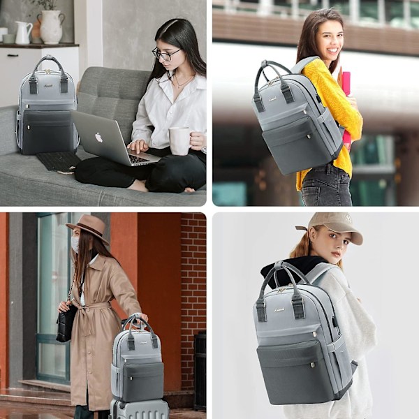 Dame Casual Rygsæk til 15,6 tommer Laptop, med USB Opladning, Tyverisikret Skole Rygsæk til Arbejde Rejse Universitet College, Grå Blå Dark gray and light blue
