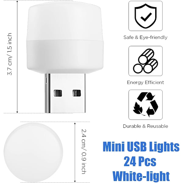 24 stk. USB natlys Mini lys Kompakt lampe Lille rund hvid natlys Bærbar LED atmosfære Stik til børns soveværelse Gang Køkken