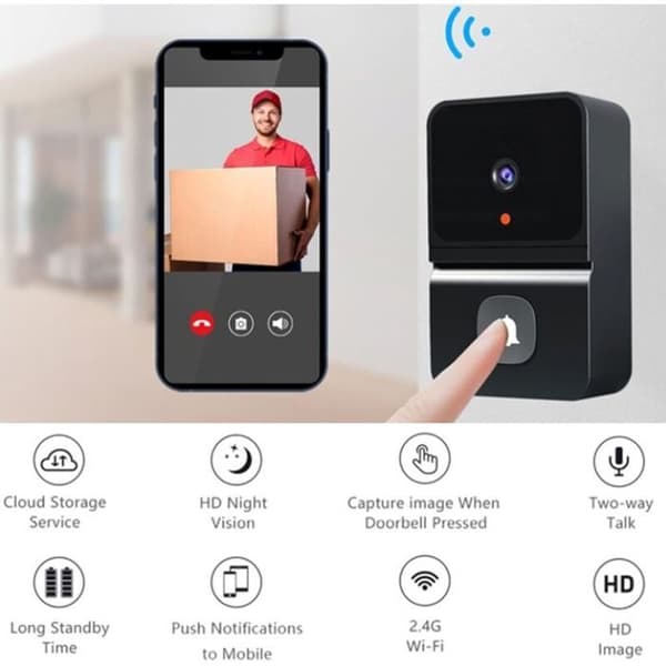 Trådløs videodørklokke, smart videointercom, HD nattsyn, Wi-Fi-lading, smart dørklokke, 2,4 GHz Wi-Fi