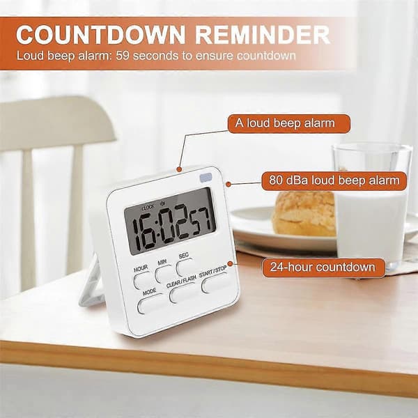 Kökstimer, Äggtimer med Klocka, Digital Timer Stoppur med LCD Högt Alarm för Matlagning, Bakning, S