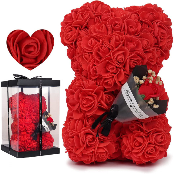 (Röd)Björn på ros Alla hjärtans dag present till henne Ros blomma björn Mors dag present, födelsedag nallebjörn