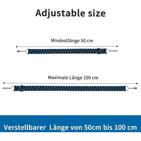 Sæt med 4 justerbare elastikbånd med kroge, 1 meter flad snor, blå