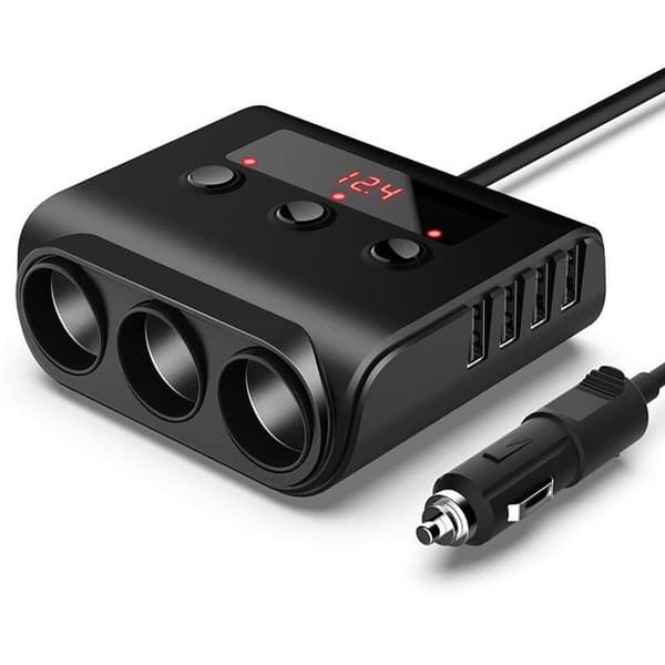 12V billader – 3 sigarettenner + 4 USB-porter, LED sanntids spenningsdisplay