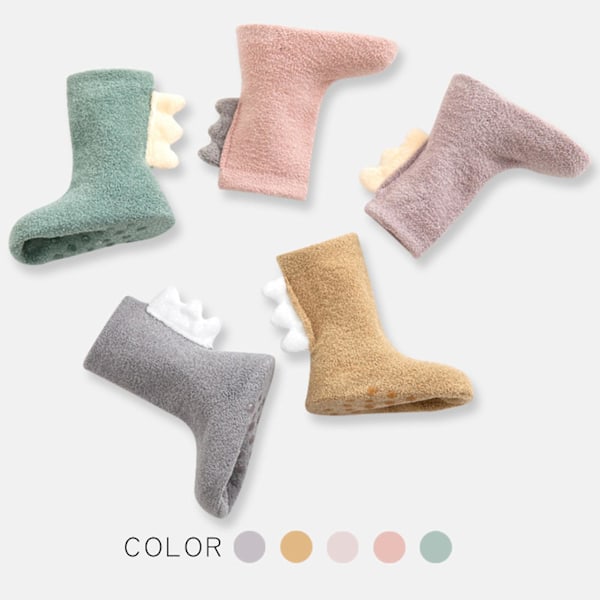 1 Par Babysokker Tykke Søte Såler 3D Myke Hold Varme Korallfleece Dinosaur Utseende Baby Gulvsokker for Søvn Khaki L