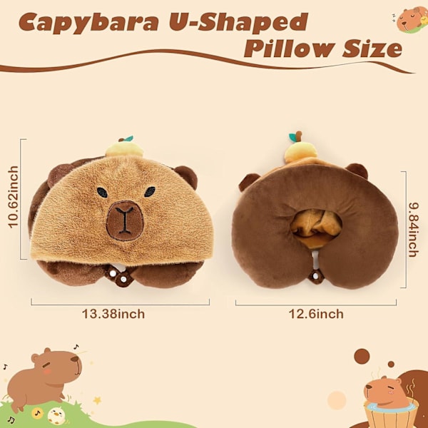 Capybara U-formad Resepillow med Huva, Nacke Stöd Plush Pillow, Huvad Sovtillbehör Nacke Hakstöd Fylld Djur Kudde för Flygplan