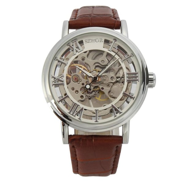 Automatisk mekanisk watch för män med Pu-band (vit+brun)