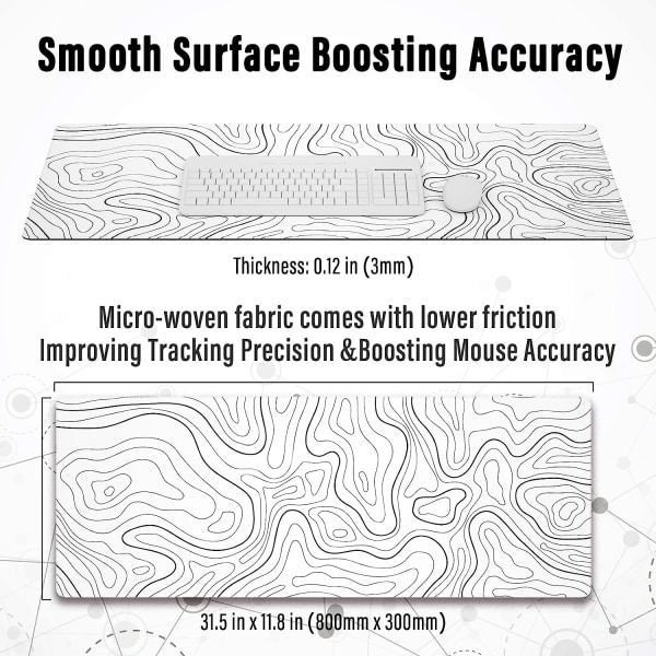 Stor Gaming Musemåtte med Syede Kanter, Minimalistisk Topografisk Kort Skrivebordsunderlag, Udvidet Musemåtte med Anti-Slip Base 31,5 x 11,8 tommer