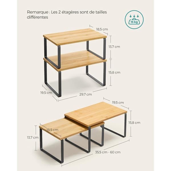 Udvidelsesbar 2-i-1 krydderiorganisator. Stabelbart design til skabsopbevaring, maksimal pladsbesparelse. Elegant sort/beige farve.