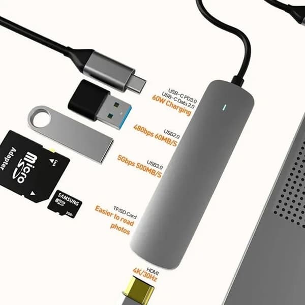 USB-C-hub, 6-i-1 USB-C-adapter med USB 3.0-anslutning, kompatibel med MacBook Pro/Air-laptops