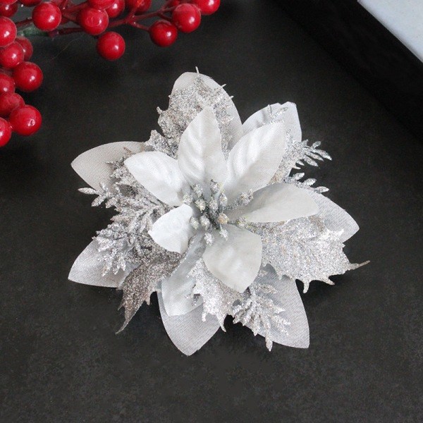 (Silver) 10 st julgransblommor, glitterkonstgjorda