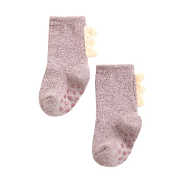 1 Par Babysokker Tykke Søte Såler 3D Myke Hold Varme Korallfleece Dinosaur Utseende Baby Gulvsokker for Søvn Purple M