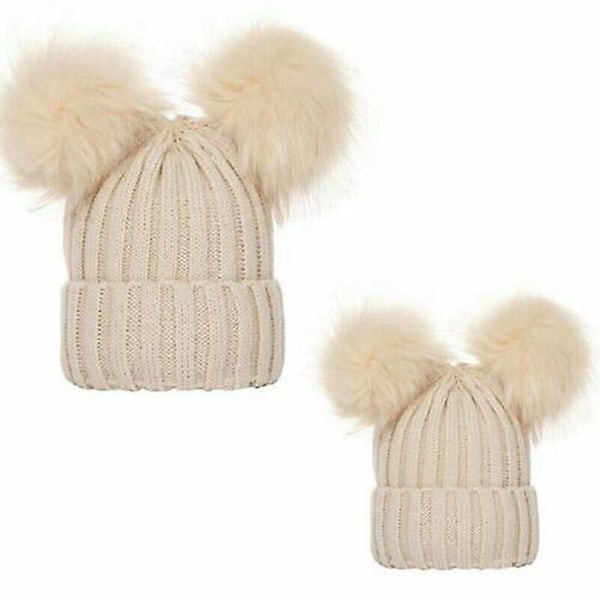 Nyfödd Baby Pojkflicka Dubbel Päls Pom Pom Hatt Vinter Varm Stickad Bobble Beanie Beige Kids(0-3Y)