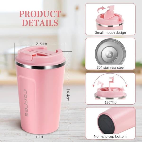 380ML Isolert Kaffekopp, Reisekaffekopper, Reisekrus i Rustfritt Stål (Rosa)