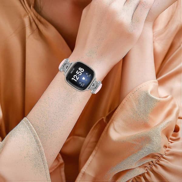 For Fitbit Versa 3/Versa 4/Sense/Sense 2 M-formet ekte lærreim til klokke Pink Fitbit Versa 3