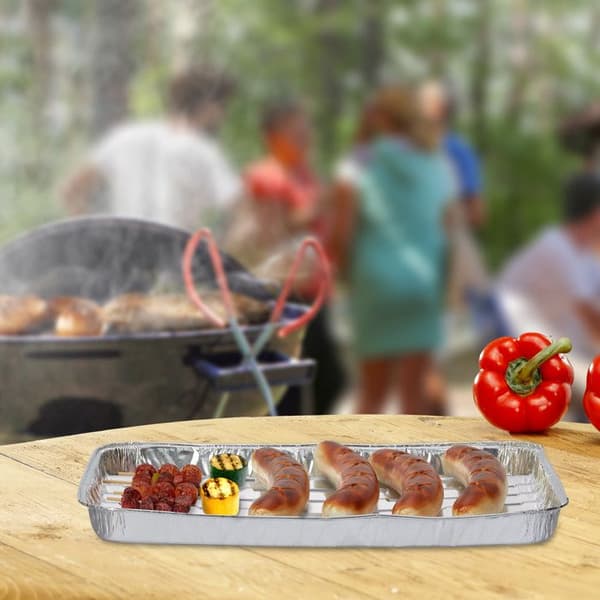 Madbakker, pakke med 25, perforeret bund, maks. 260°C, grill, L x B: 34 x 22 cm, aluminium, sølv