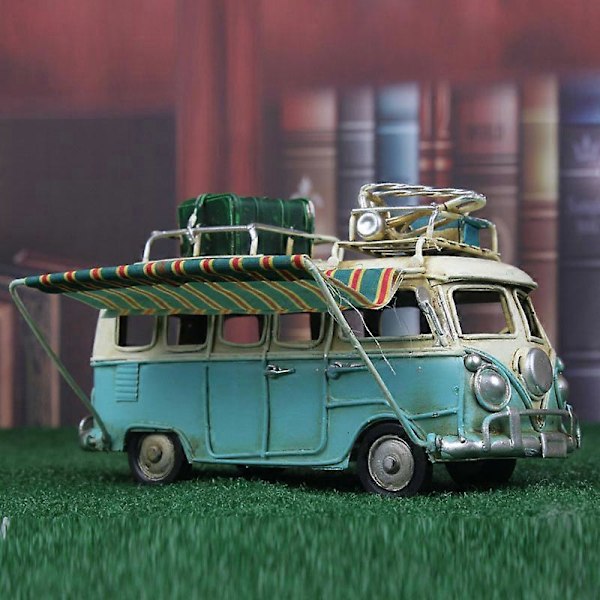 Metallisk Bilmodell Vintage Husvagn Camper Van Leksak Simulerad Limousine Strandbuss Heminredning för Skrivbords Hyllan Blue