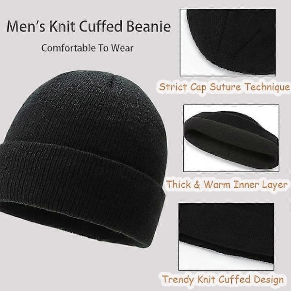 Vinter Beanie Hat til Mænd, Termisk Strikket Hat, Uldhat, Varmt og Åndbart, Sort