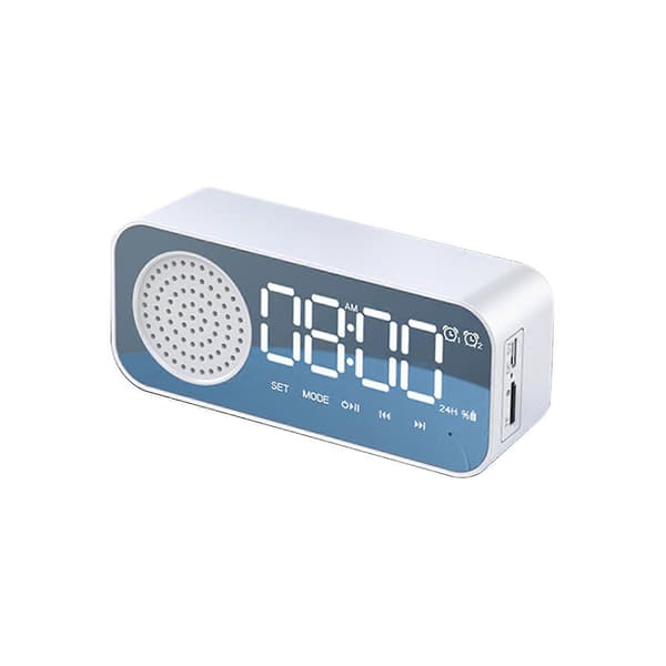Väckarklocka för sovrum/kontor, digital klocka med Bluetooth-högtalare, liten väckarklocka för tungt sovande vuxna, spegel LED-display White