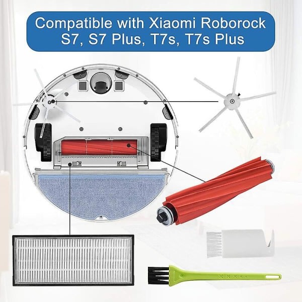 Tilbehør til Roborock S7 Maxv Ultra / S7 Maxv / S7 Plus / S7 Max / S7 Robot Vacuum Cleaner Reservedeler (2 hovedbørster + 6 filtre + 6 sidebørster