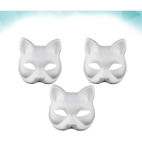 3 stk hvite, enkle DIY ubemalte kattehalvmasker - Dyremasker for karneval, dans, cosplay, fest og kostymefest