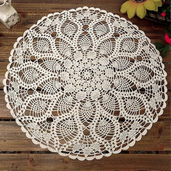 60cm Handvirkad Rund Spetsduk i Bomull, Ihålig, Bordsduk Beige 60cm